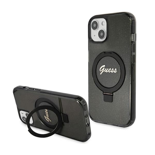 Originalt GUESS Hardcase GUHMP15MHRSGSK til iPhone 15 Plus (Kompatibel med Magsafe / Glitter Script Logo / Ring stand / sort)