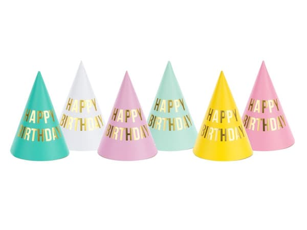 PartyDeco Hyvää syntymäpäivää -hatut 16cm 6kpl