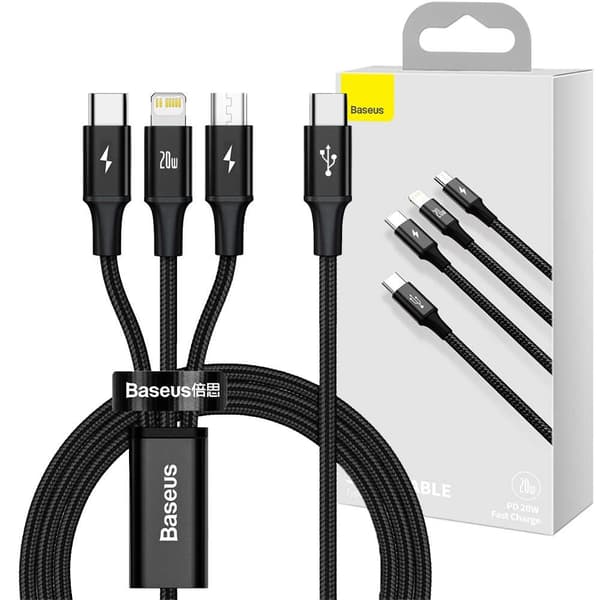 Kabel 3-i-1 Baseus Rapid Series USB-C till micro USB Lightning USB-C PD 20W 1.5m Svart
