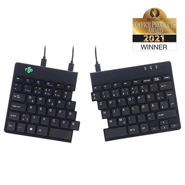 R-Go Tools Split-tangentbord, (DE), svart QWERTY, trådbundet. Windows, Linux Integrerat numeriskt tangentbord