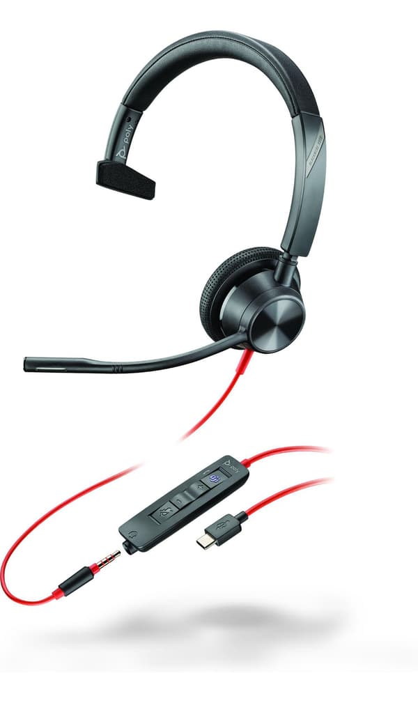 Poly Blackwire 3315 Monaural Microsoft Teams-certifierat USB-C-headset +3,5 mm-kontakt +USB-C/A-adapter