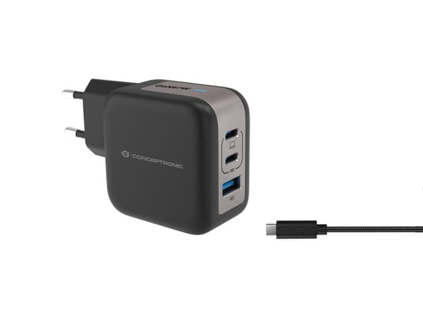 Oplader Conceptronic CONCEPTRONIC Ladegerät 3Port 67W,2xUSB-C,1xUSB-A 1.5m sw