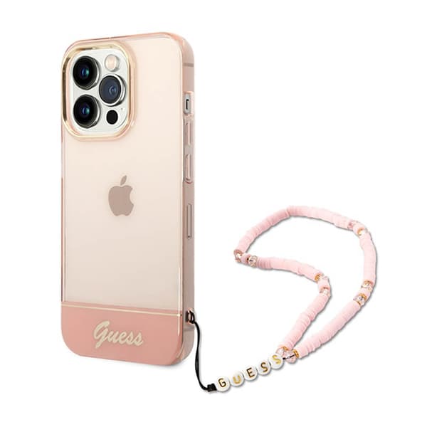Original GUESS Hardcase GUHCP14XHGCOHP för iPhone 14 PRO MAX (IML Electro Cam w. Strap Translucent / rosa)