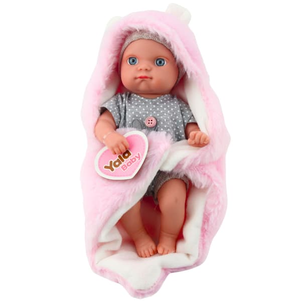 Babydocka i grå pyjamas med rosa kaninfilt, 23 cm