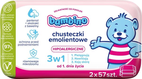 Bambino_blødgørende vådservietter 3i1 2x57stk