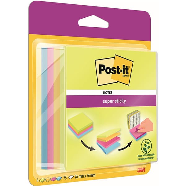 Post-It 3M Multi Adhesive Cube POST-IT_ Super Sticky (2014-SC-BYFG) ,76x76mm, 4x75 kort., blandade färger