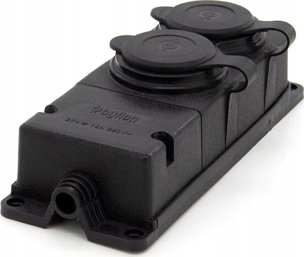 Stikdåse, gummi (TPE) dobbelt IP44 2*16A 2P+J, sort farve, TRG-2
