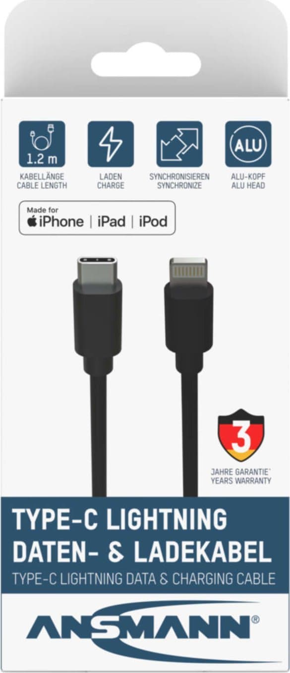 USB 2.0 -sovitinkaapeli, USB-C-liitin > Lightning-liitin (musta, 1,2 metriä, latausteho jopa 60 wattia)