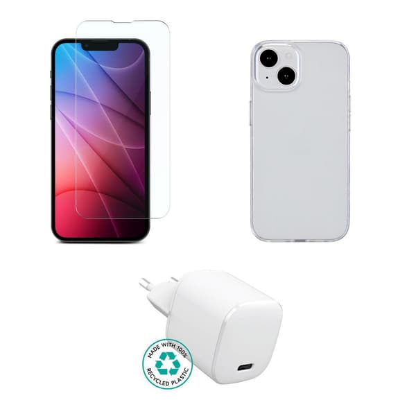 eSTUFF Sæt til iPhone 15. Oplader, Cover, Glas. Brun æske.