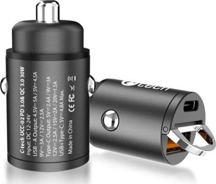 C-TECH UCC-02 USB biloplader, 1x Type C + 1 x Type A, 30W