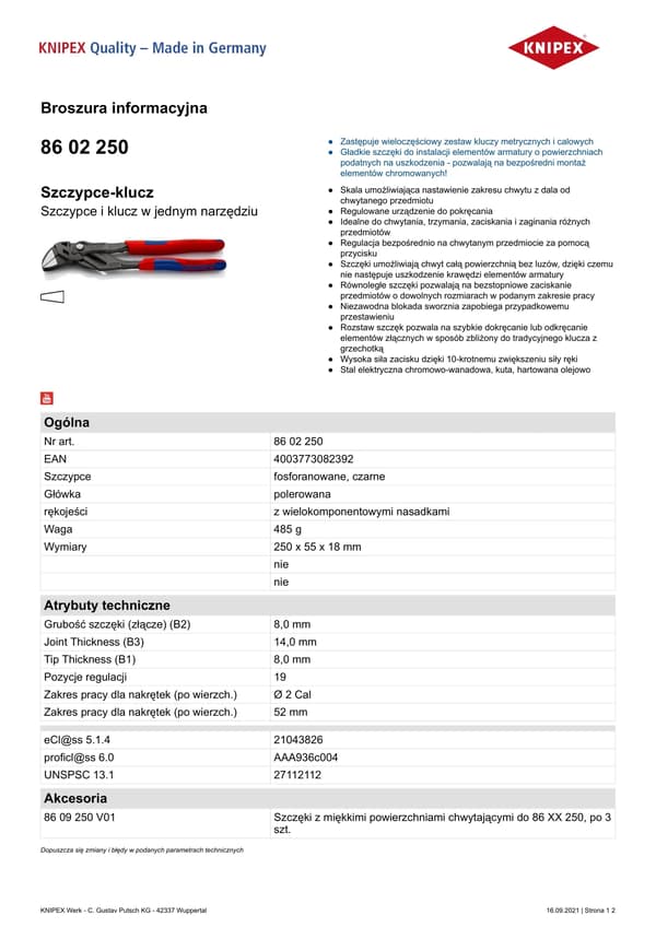KNIPEX Pihtiavain harmaa atramentattu 250 mm