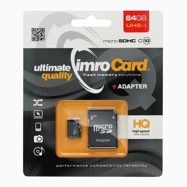 IMRO microSD 64GB CLASS 10 UHS I 100MB/s muistikortti SD-adapterilla