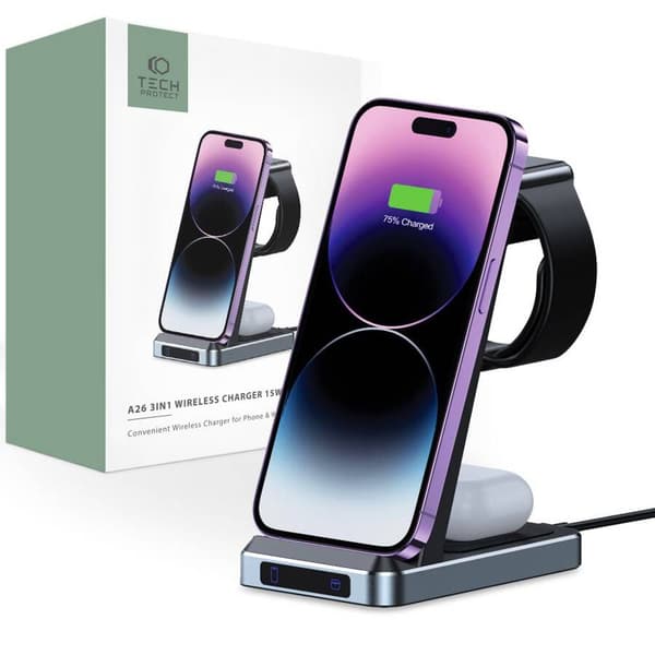 QI Tech-protect induktiv oplader qi15w-a26 3i1 trådløs oplader sort