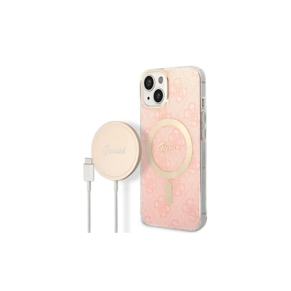 Originalt GUESS GUBPP14LH4EACSP sæt til iPhone 14 Pro (Bundle Pack / Kompatibel med Magsafe: Cover + Oplader / 4G / Guld - Pink)