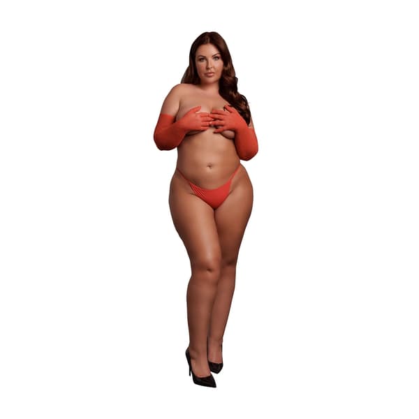 Obsessive Skinnende Operahandsker Plus Size Rød med Guldaccenter
