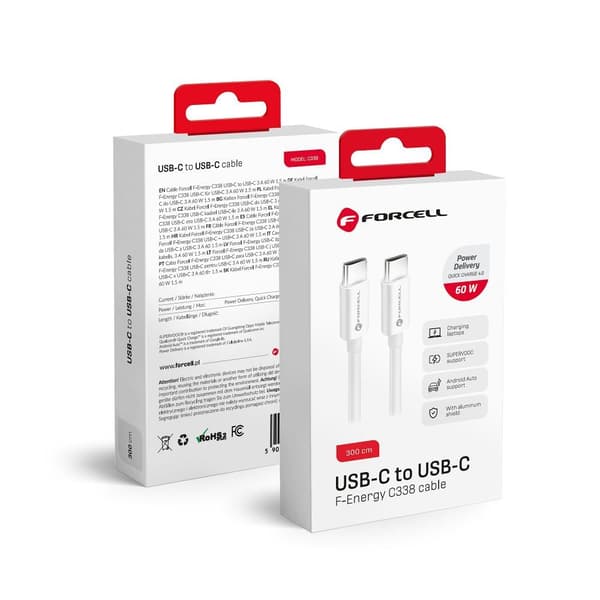 FORCELL-kabel Typ C till Typ C QC4.0 3A/20V PD60W C338 3m vit