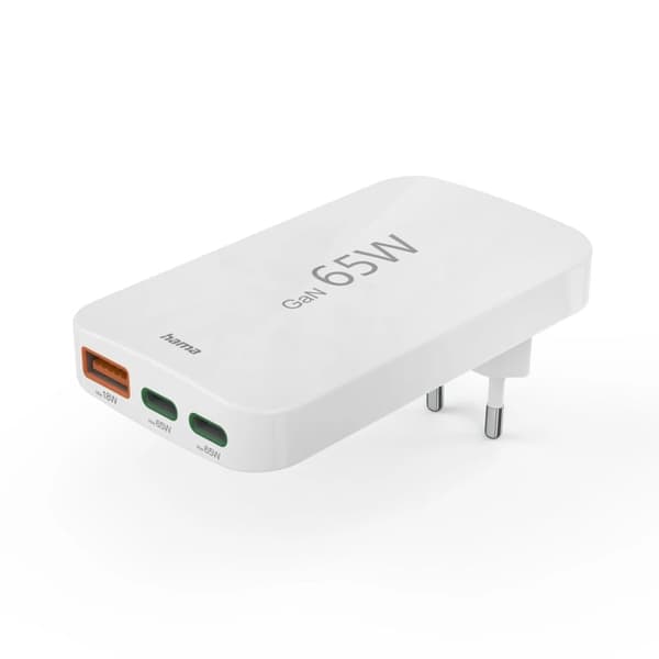 Hama litteä minilaturi 65W 2xUSB-C/1xUSB-A, valkoinen 201976