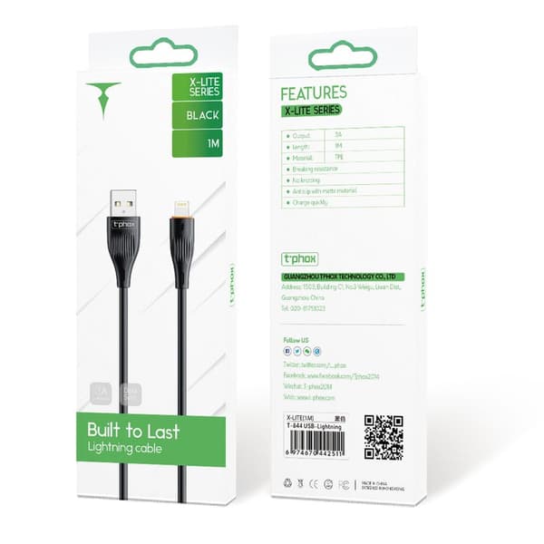 KAAPELI T-PHOX X-LITE LIGHTNING MUSTA 1M 3A