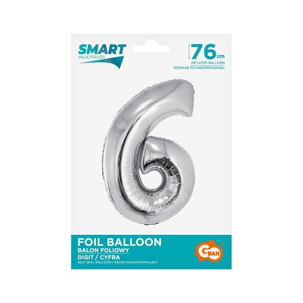 Folieballong Smart, Siffra 6, silver, 76 cm