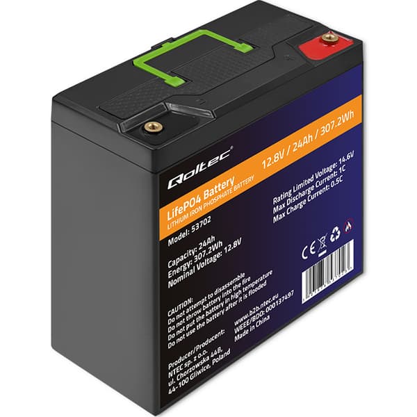 Qoltec LiFePO4 Lithium Jernfosfat Batteri | 12.8V | 24Ah | 307.2Wh | BMS