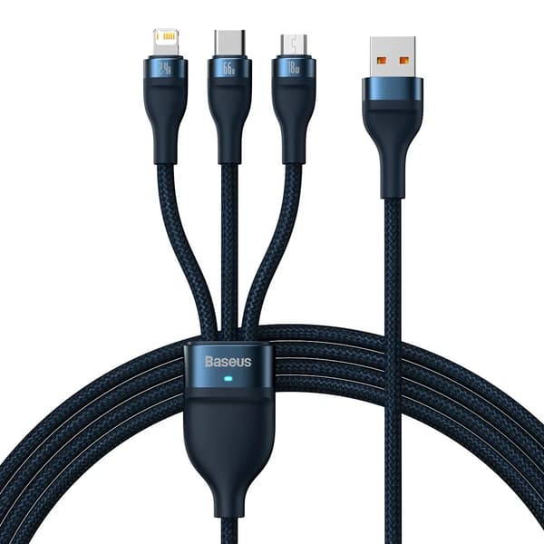 Baseus Flash Series II 3-i-1 Hurtigopladningskabel USB-A til USB-C / Micro-USB / Lightning 66 W 480 Mbit/s 1,2 m Blå