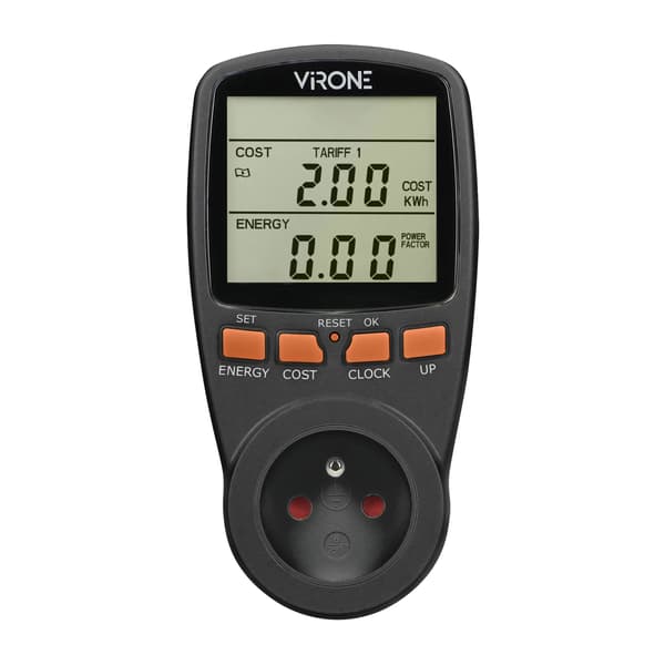 To-takst elmåler, energiberegner med LCD-display, 2 separate takster, internt batteri, sort
