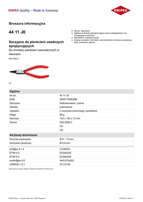 Knipex Segertænger til indvendige ringe Knipex 44 11 J0