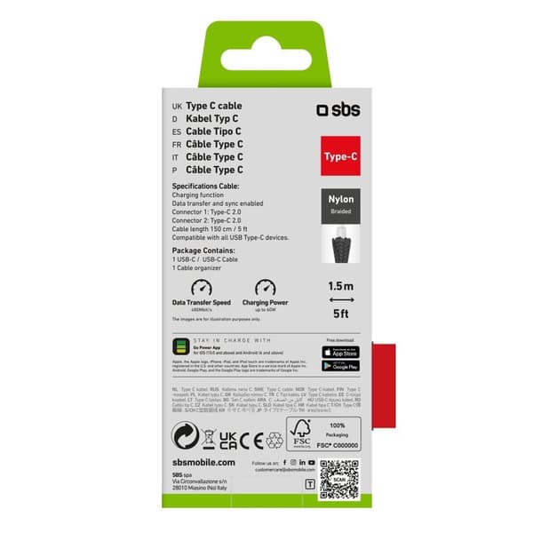 SBS TECABLETISSUETCCB USB-kaapeli USB 2.0 1,5 m USB C Musta
