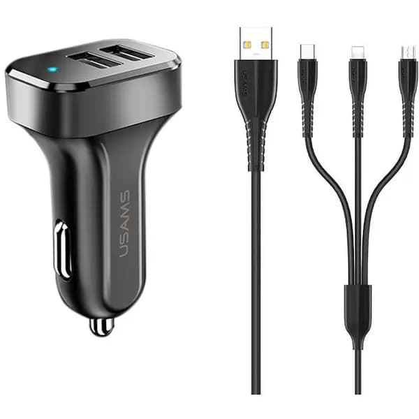 USAMS Biloplader 2xUSB C13 2.1A 3i1 (microUSB/USB-C/lightning) sort/sort NTU35YTSC13TZ