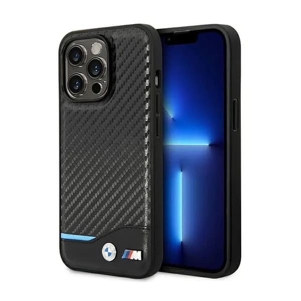 Originalt BMW Hardcase BMHCP14L22NBCK til iPhone 14 Pro (Carbon Case Bottom Horizontal Blue Line and Printed Logo / sort)