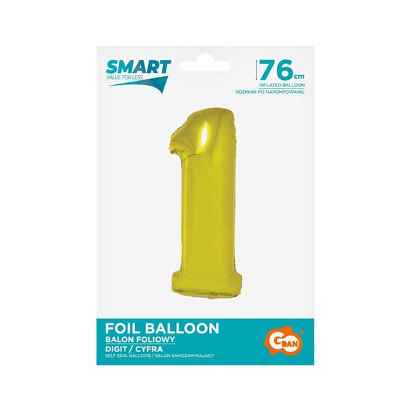 Folieballon Smart, Nummer 1, guld, 76 cm
