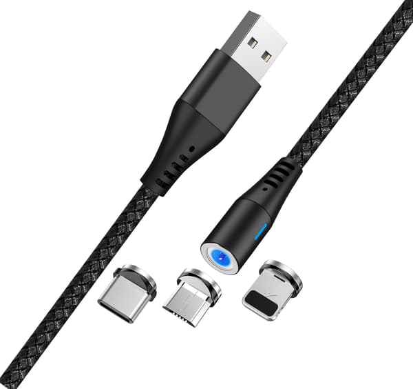 Maxlife magneettikaapeli MXUC-02 USB - Lightning + USB-C + MicroUSB 1,0 m 2A musta nylon