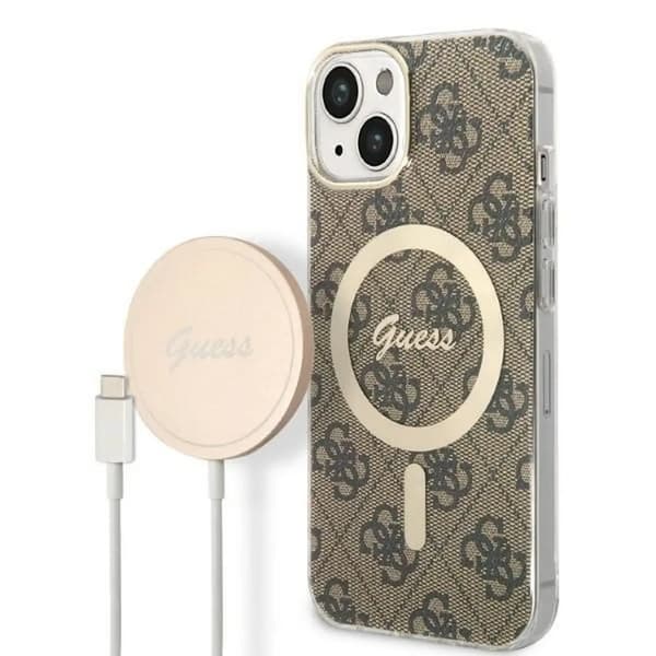 Originalt GUESS GUBPP14SH4EACSW sæt til iPhone 14 (Bundle Pack Magsafe: Cover + Oplader / 4G / Guld - Brun)