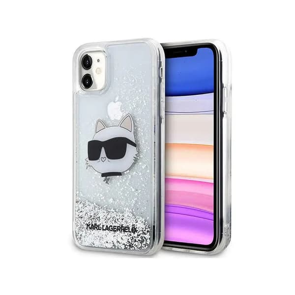 Original KARL LAGERFELD Hardcase KLHCN61LNCHCS för iPhone 11 (Liquid Glitter NFT Choupette Heads / silver)