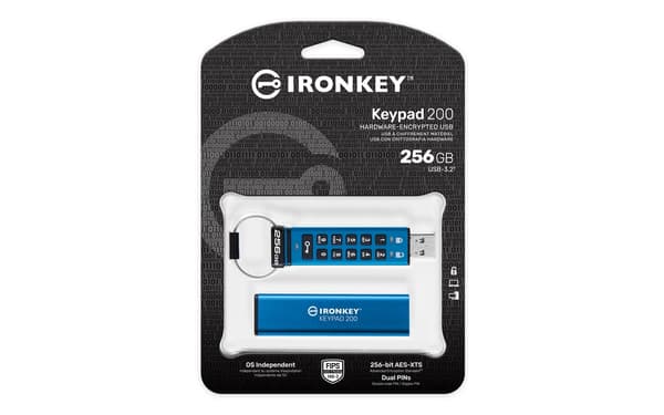 Kingston USB-flashminne IronKey Keypad 200 - USB 3.2 Gen 1 - 256 GB - blå