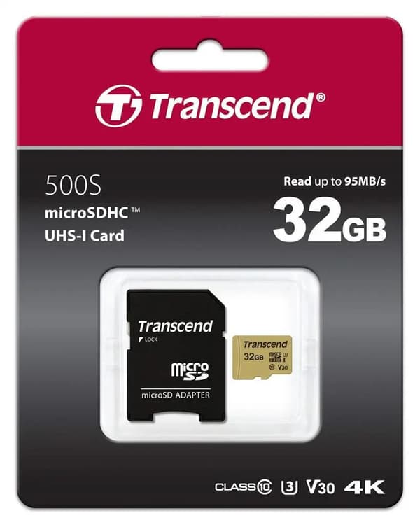 Transcend microSDHC 500S 32GB luokka 10 UHS-I U3 V30 + sovitin