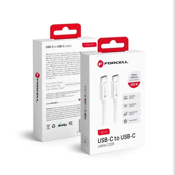 FORCELL-kabel Typ C till Typ C QC4.0 5A/20V PD 100W C339 1m vit