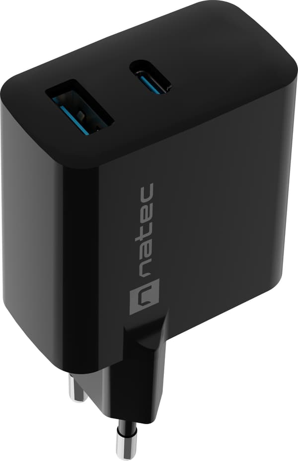 Netværksoplader, bærbar computeroplader Natec Ribera Gan 1x USB-A + 1x USB-C 45W Sort