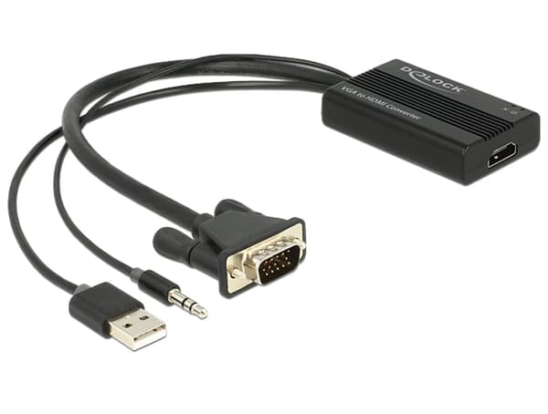 AV-adapteri Delock D-Sub (VGA) - HDMI + USB-A + Jack 3.5mm musta (62597)