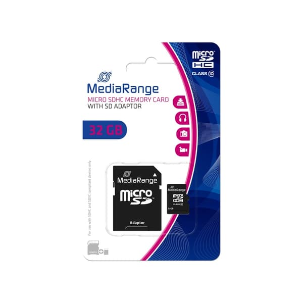 MicroSDHC-minneskort MediaRange MR959 32GB Klass 10+ SD-adapter
