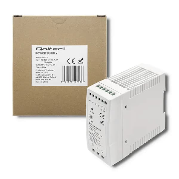 DIN-skenströmförsörjning Qoltec | 60W | 24V | 2.5A | Vit | Slim
