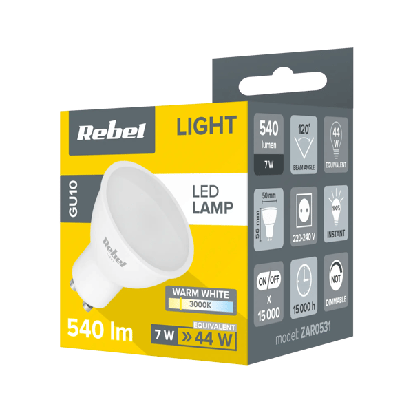 LED-lamppu Rebel 7W GU10, 3000K, 230V