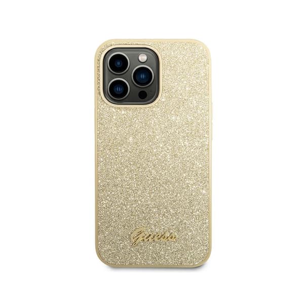 Originalt GUESS Hardcase GUHCP14LHGGSHD til iPhone 14 PRO (Glitter Flakes Script Metal Logo / guld)