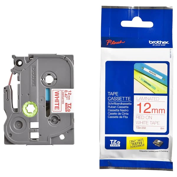 Brother märktejp TZE-232 vit/röd 12 mm