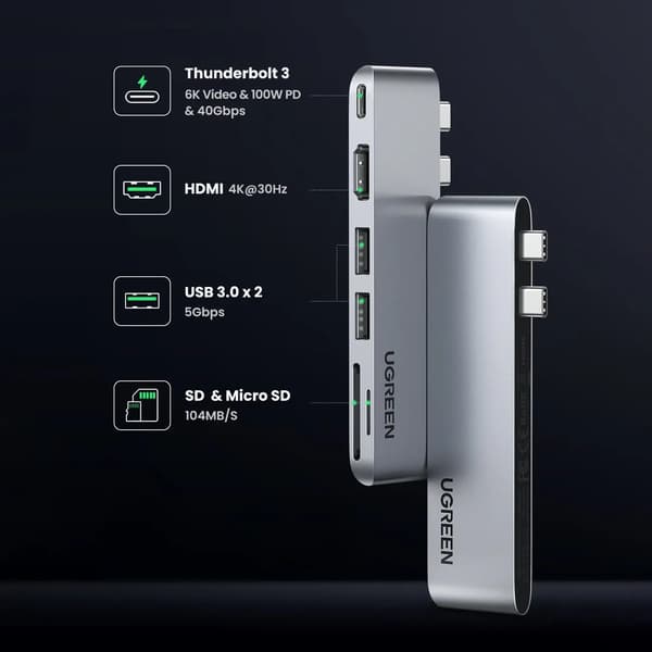 UGREEN CM380 6-i-1 Adapter USB-C Hub til MacBook Air / Pro (Grå)