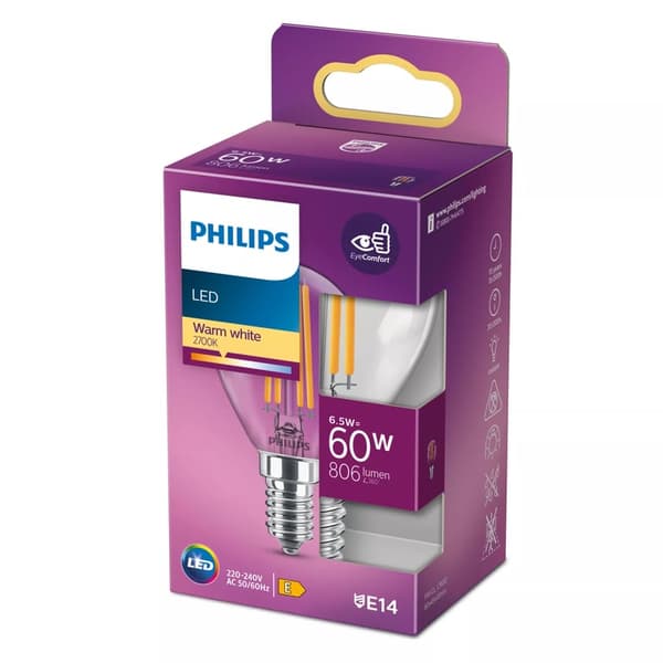 Philips LED-lamppu, P45, 2700 °K, E14, 6,5 W, 806 lm