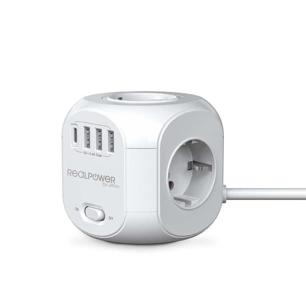 RealPower PowerBox 431 + 3xUSB-A/1xUSB-C Stikdåse Terning