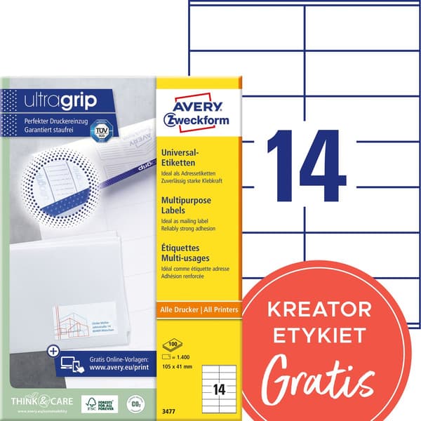 Avery Zweckform Etiketter Universal Vit 105x41mm 100 ark (3477)