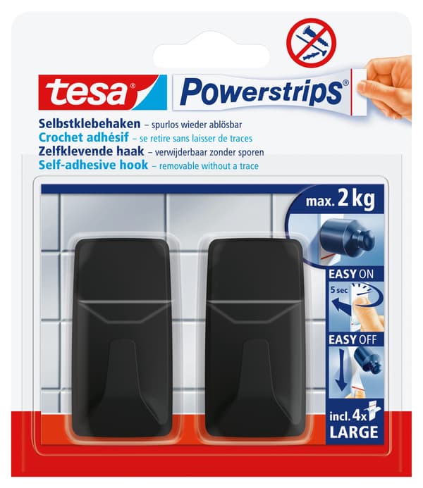 Itseliimautuvat koukut.powerstrips 2 kpl.suorakaide.suuri, musta