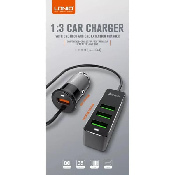 LDNIO BILOPLADER C61 1USB HURTIG OPLADNING + 3XUSB